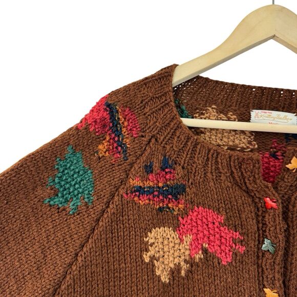 Vintage Handknit X-Large Sweater Cardigan Leaves Fall Dark Brown Womens READ - Picture 10 of 16